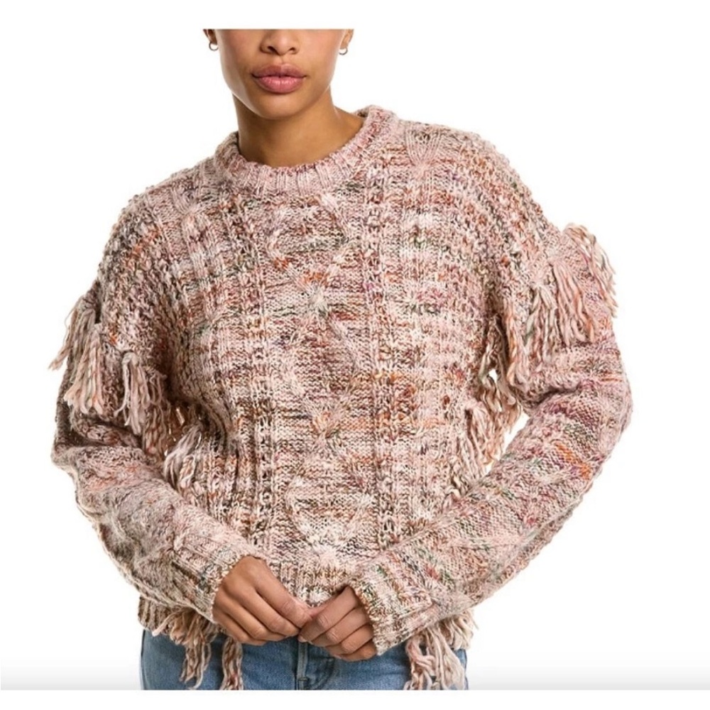 Joie Meghan Wool Blend Fringe Tan Blush Pink Rose Sweater Sz Medium L21